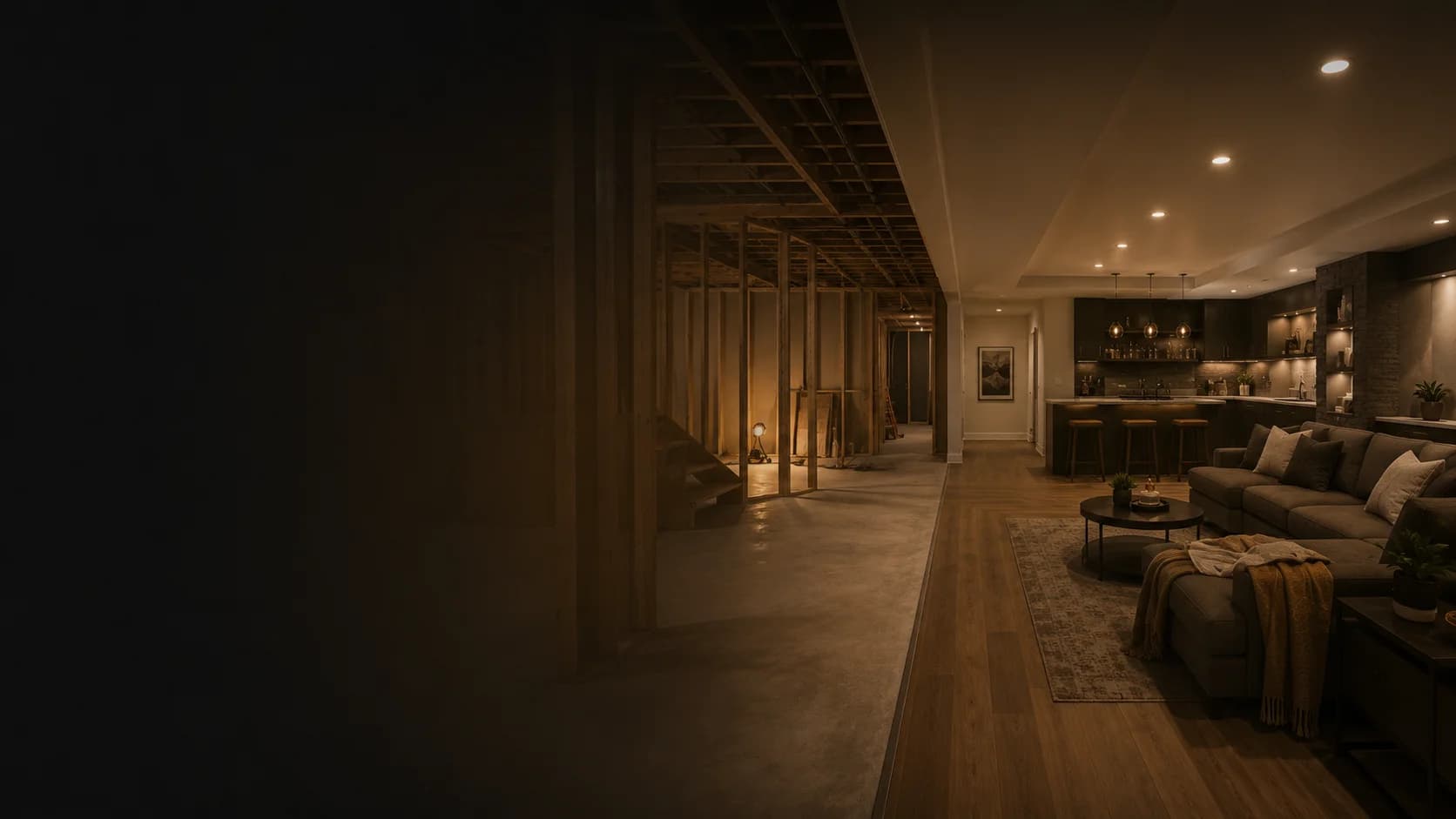 Before and after basement finishing — raw framing transformed into finished living space, Kitchener-Waterloo